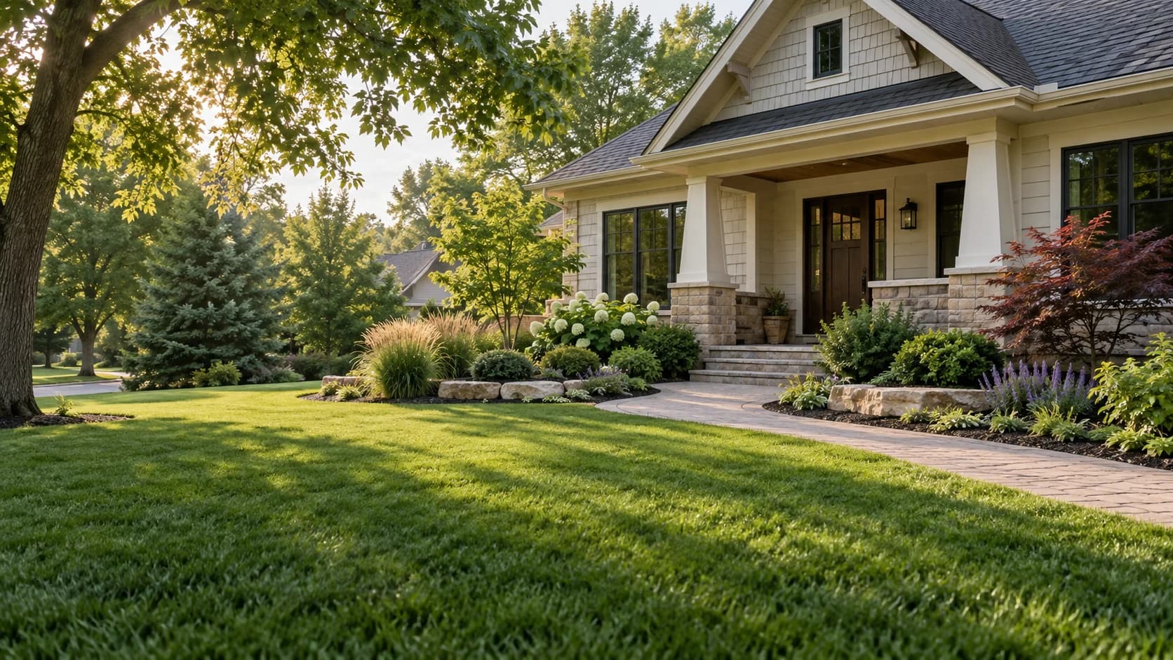 Flower beds and landscaping around a residential home
